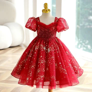 Chic Beautiful Red Beading Star Sequins Lace Flower Birthday Flower Girl Dresses 2023 Ball Gown Square Neckline Short Sleeve Backless Floor Length Long Flower Girl Dresses