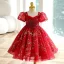 Chic / Beautiful Red Beading Star Sequins Lace Flower Birthday Flower Girl Dresses 2023 Ball Gown Square Neckline Short Sleeve Backless Floor-Length / Long Flower Girl Dresses