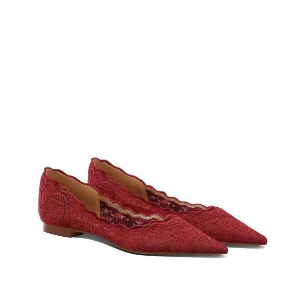 Elegant Burgundy Lace Flower Flat Wedding Shoes 2024 Leather Pointed Toe Wedding Pumps