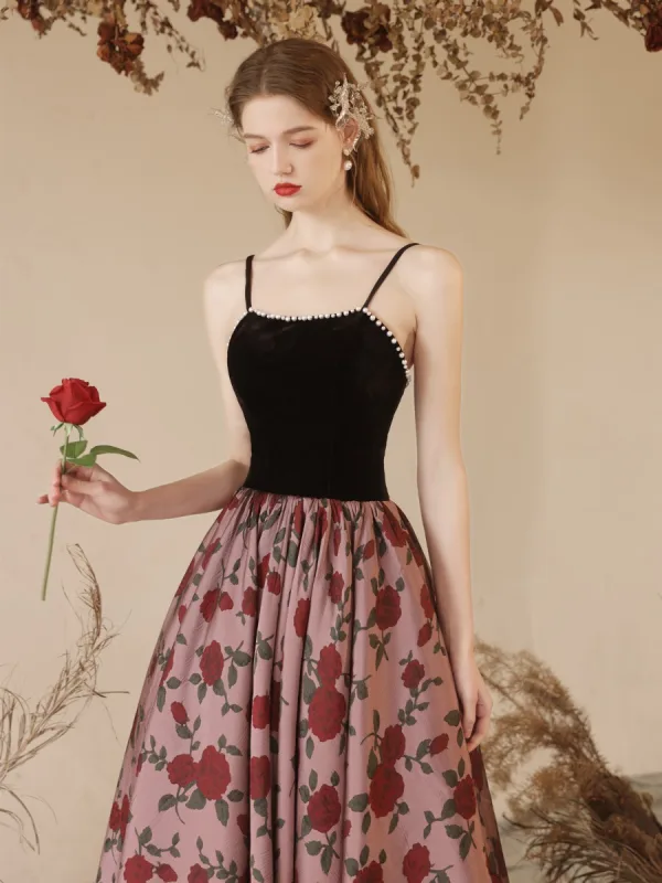 Chic / Beautiful Black Summer Rose Printing Evening Dresses 2023 A-Line / Princess Pearl Spaghetti Straps Sleeveless Backless Floor-Length / Long Evening Party Formal Dresses