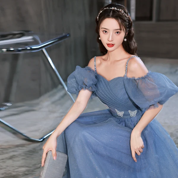Chic / Beautiful Ocean Blue Prom Dresses 2022 A-Line / Princess Square Neckline Pearl Sequins Butterfly Short Sleeve Backless Floor-Length / Long Formal Dresses