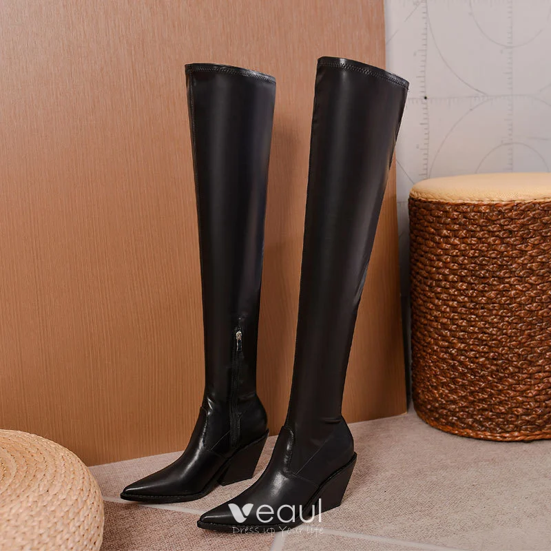 Fashion Black Fall Winter Street Wear Womens Boots 2023 6 cm Thick Heels  Pointed Toe Boots