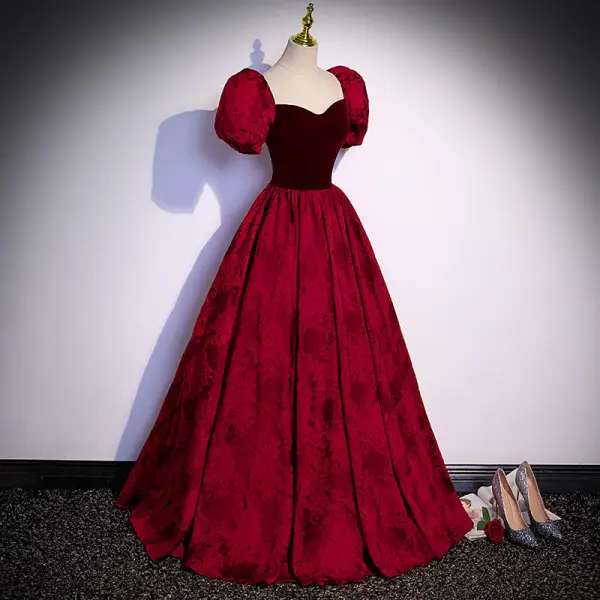 Elegant Burgundy Suede Lace Flower Prom Dresses 2022 A-Line / Princess Square Neckline Puffy Short Sleeve Backless Bow Floor-Length / Long Formal Dresses