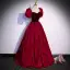 Elegant Burgundy Suede Lace Flower Prom Dresses 2022 A-Line / Princess Square Neckline Puffy Short Sleeve Backless Bow Floor-Length / Long Formal Dresses