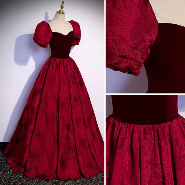 Elegant Burgundy Suede Lace Flower Prom Dresses 2022 A-Line / Princess Square Neckline Puffy Short Sleeve Backless Bow Floor-Length / Long Formal Dresses