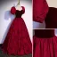 Elegant Burgundy Suede Lace Flower Prom Dresses 2022 A-Line / Princess Square Neckline Puffy Short Sleeve Backless Bow Floor-Length / Long Formal Dresses