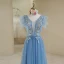 Chic / Beautiful Pool Blue Lace Flower Rhinestone Sequins Prom Dresses 2022 A-Line / Princess V-Neck Short Sleeve Backless Floor-Length / Long Prom Formal Dresses