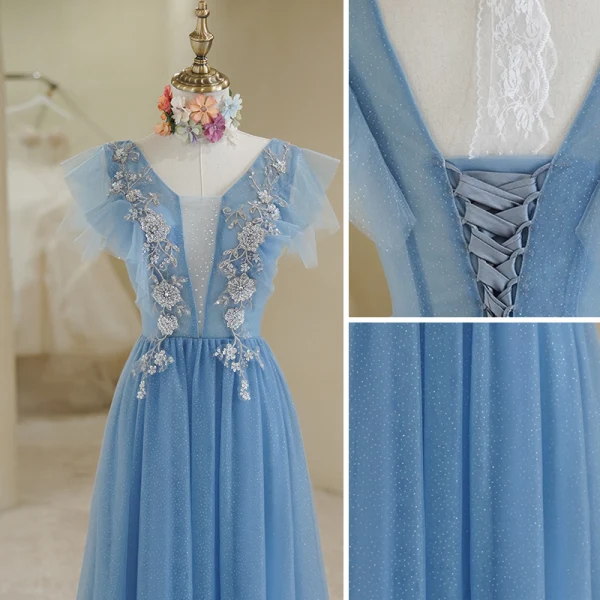 Chic / Beautiful Pool Blue Lace Flower Rhinestone Sequins Prom Dresses 2022 A-Line / Princess V-Neck Short Sleeve Backless Floor-Length / Long Prom Formal Dresses