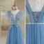 Chic / Beautiful Pool Blue Lace Flower Rhinestone Sequins Prom Dresses 2022 A-Line / Princess V-Neck Short Sleeve Backless Floor-Length / Long Prom Formal Dresses