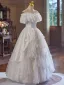 Vintage Weiß Spitze Blumen Satin Brautkleider / Hochzeitskleider 2024 A Linie Off Shoulder Kurze Ärmel Rückenfreies Lange Hochzeit