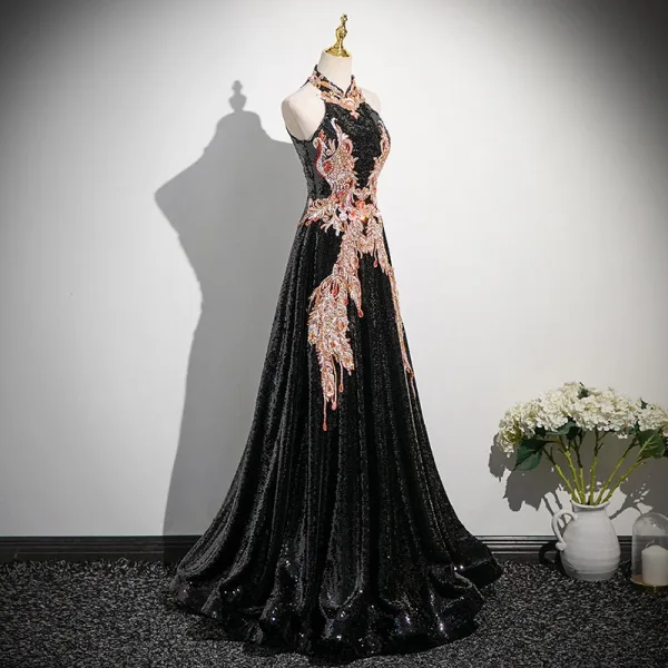 Sparkly Black Beading Sequins Prom Dresses 2025 A-Line / Princess High Neck Sleeveless Floor-Length / Long Prom Formal Dresses