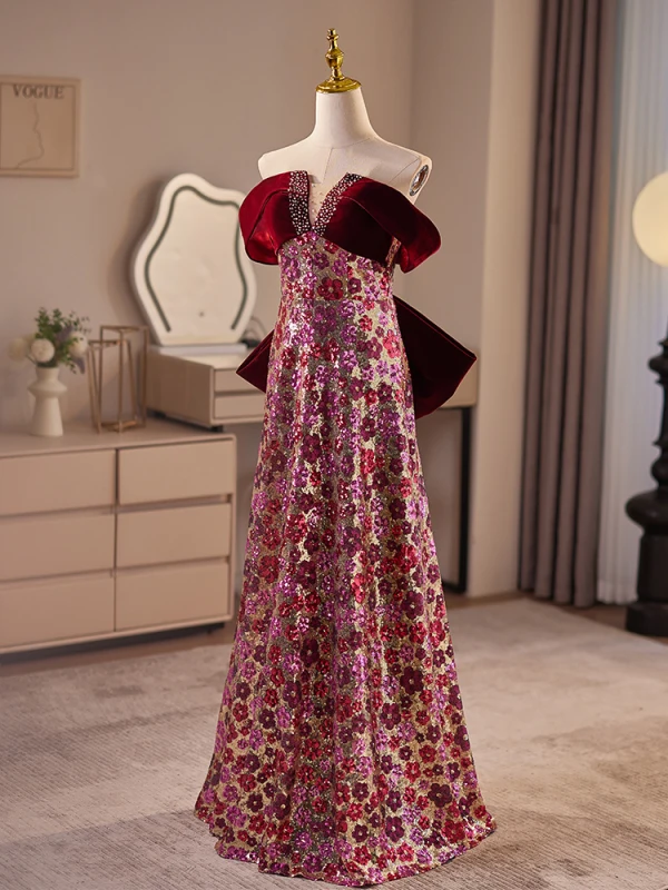 Sparkly Burgundy Sequins Flower Prom Dresses 2024 A-Line / Princess Off-The-Shoulder Short Sleeve Backless Bow Floor-Length / Long Prom Formal Dresses