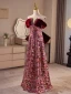 Sparkly Burgundy Sequins Flower Prom Dresses 2024 A-Line / Princess Off-The-Shoulder Short Sleeve Backless Bow Floor-Length / Long Prom Formal Dresses