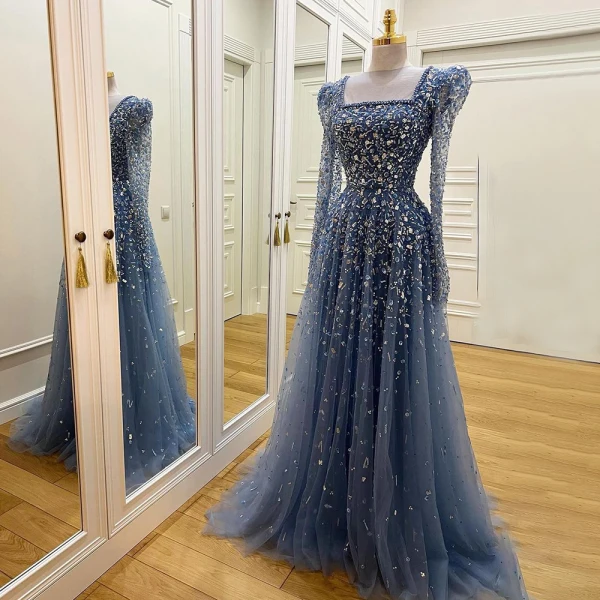High End Meeresblau Handgefertigt Perlenstickerei Pailletten Ballkleider 2024 A Linie Eckiger Ausschnitt Lange Ärmel Lange Ball Festliche Kleider