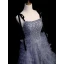 Sexy Ocean Blue Cascading Ruffles Beading Sequins Prom Dresses 2023 A-Line / Princess Off-The-Shoulder Short Sleeve Backless Floor-Length / Long Flower Girl Dresses