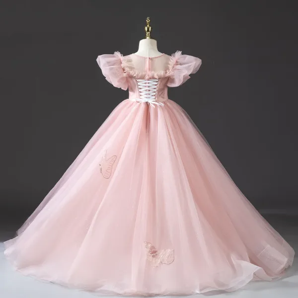 Chic / Beautiful Blushing Pink Beading Pearl Rhinestone Prom Flower Girl Dresses 2022 Ball Gown Ruffle Scoop Neck Puffy Short Sleeve Floor-Length / Long Flower Girl Dresses