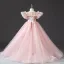Chic / Beautiful Blushing Pink Beading Pearl Rhinestone Prom Flower Girl Dresses 2022 Ball Gown Ruffle Scoop Neck Puffy Short Sleeve Floor-Length / Long Flower Girl Dresses