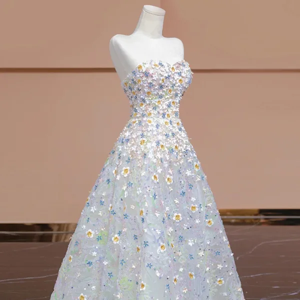 Flower Fairy White Lace Flower Appliques Prom Dresses 2024 A-Line / Princess Strapless Sleeveless Backless Floor-Length / Long Prom Formal Dresses