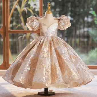 Bling Bling Gold Glitter Printing Pearl Birthday Flower Girl Dresses 2024 Ball Gown Scoop Neck Puffy Short Sleeve Backless Floor Length Long