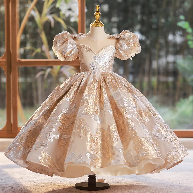 gold short puffy dresses Short Puffy Sleeves Dress For Girls 10y main image 1
