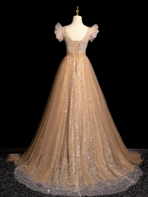 Sparkly Gold Beading Sequins Prom Dresses 2024 A-Line / Princess Scoop Neck Short Sleeve Backless Sweep Train Prom Formal Dresses