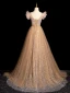 Sparkly Gold Beading Sequins Prom Dresses 2024 A-Line / Princess Scoop Neck Short Sleeve Backless Sweep Train Prom Formal Dresses