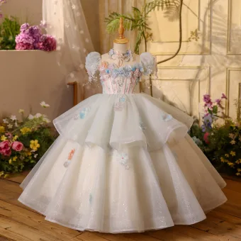 Fée Des Fleurs Bleu Ciel Perlage Perle Appliques Paillettes Volants En Cascade Anniversaire Robe Ceremonie Fille 2025 Robe Boule Encolure Carrée Gonflée Manches Courtes Dos Nu Longue