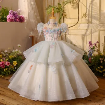 Flower Fairy Sky Blue Beading Pearl Appliques Sequins Cascading Ruffles Birthday Flower Girl Dresses 2025 Ball Gown Square Neckline Puffy Short Sleeve Backless Floor Length Long