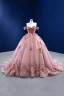 Blumenfee High End Rosa Ballkleider 2022 Ballkleid Off Shoulder Perle Spitze Blumen Applikationen Kurze Ärmel Rückenfreies Hof-Schleppe Festliche Kleider
