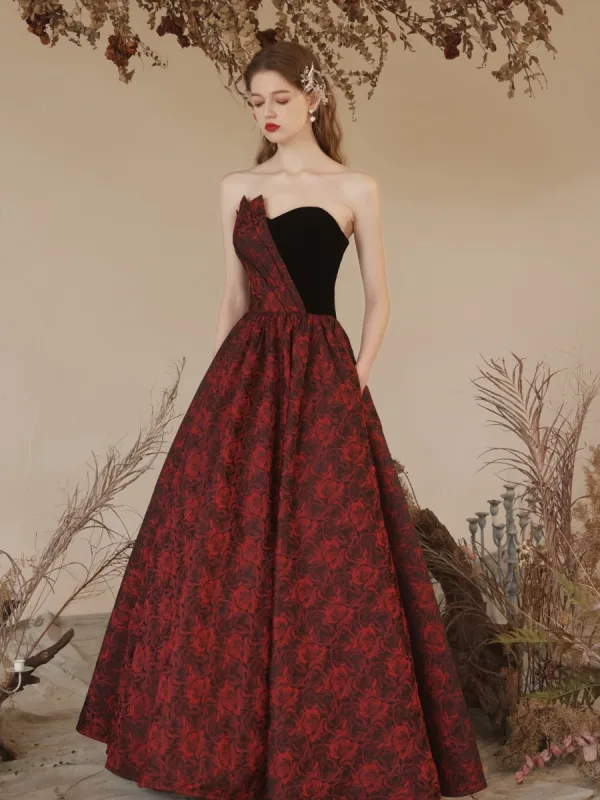 Charming Burgundy Summer Printing Evening Dresses 2023 A-Line / Princess Strapless Sleeveless Backless Floor-Length / Long Evening Party Formal Dresses