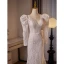 Vintage / Retro Ivory Lace Flower Wedding Dresses 2024 Trumpet / Mermaid V-Neck 3/4 Sleeve Backless Bow Sweep Train