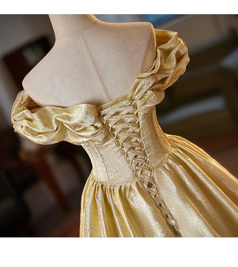 Demure Gold Prom Dresses 2025 A-Line Princess Off-The-Shoulder Short Sleeve Backless