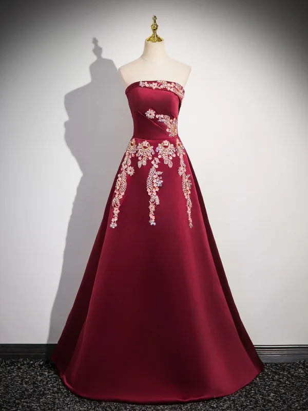 Chinese style Burgundy Beading Sequins Embroidered Satin Prom Dresses 2024 Ball Gown Strapless Removable sleeves Backless Floor-Length / Long Prom Formal Dresses