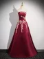 Chinese style Burgundy Beading Sequins Embroidered Satin Prom Dresses 2024 Ball Gown Strapless Removable sleeves Backless Floor-Length / Long Prom Formal Dresses