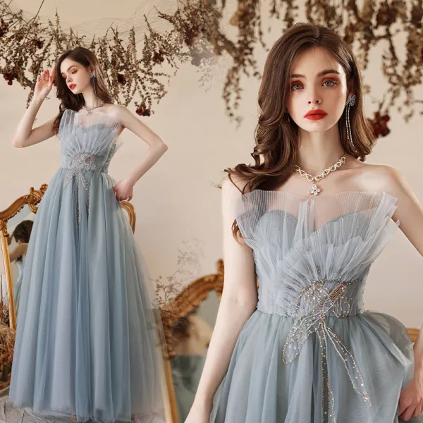 Charming Sky Blue Beading Sequins Prom Dresses 2022 A-Line / Princess ...