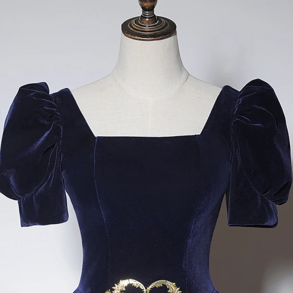 Elegant Navy Blue Suede Evening Dresses 2023 A-Line / Princess Square Neckline Short Sleeve Backless Floor-Length / Long Evening Party Formal Dresses