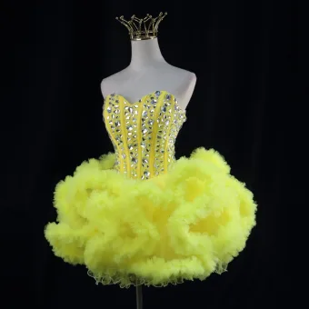 Sexy Yellow Rhinestone Short Cascading Ruffles Party Dresses 2024 Ball Gown Sleeveless Backless Strapless Formal Dresses