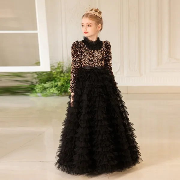Sparkly Sage Green Cascading Ruffles Sequins Birthday Flower Girl Dresses 2024 A-Line / Princess High Neck Long Sleeve Bow Sash Floor-Length / Long Flower Girl Dresses