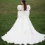 Vintage / Retro White Satin Prom Dresses 2022 A-Line / Princess Square Neckline Puffy Short Sleeve Backless Court Train Prom Formal Dresses