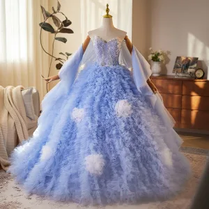 Sjarmerende Himmelen Blå Gripende Ruffles Beading Paljetter Ballkjoler 2025 Ballkjole Strapless Uten Ermer Ryggløse Feie Tog Ball Formelle Kjoler