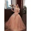 Elegant Nude Prom Dresses 2022 A-Line / Princess Ruffle Off-The-Shoulder Short Sleeve Backless Beading Sequins Floor-Length / Long Prom Formal Dresses