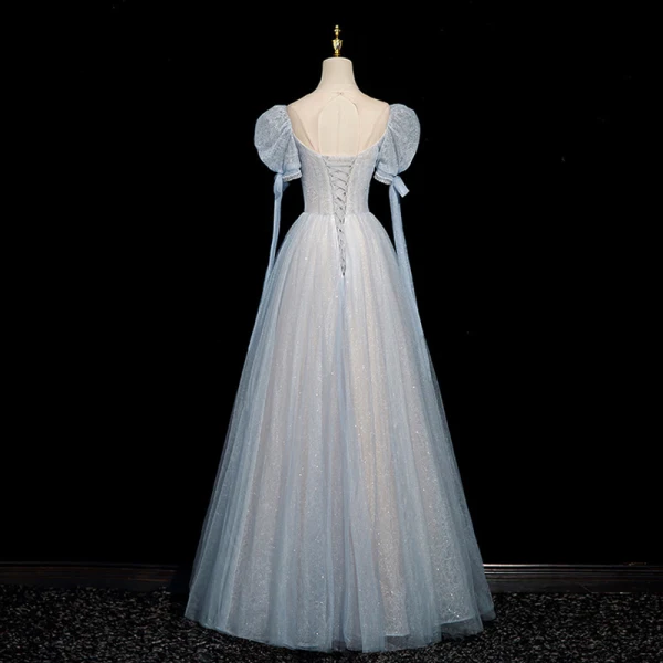 Chic / Belle Bleu Ciel Perlage Faux Diamant Paillettes Robe De Bal 2023 Princesse Encolure Carrée Manches Courtes Dos Nu Longue Robe De Ceremonie