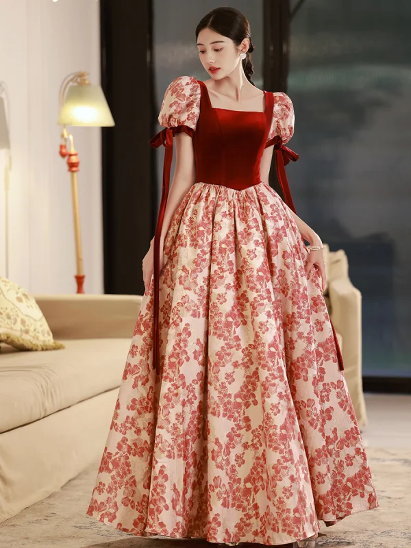 Elegant Burgundy Printing Prom Dresses 2022 A-Line / Princess Square Neckline Puffy Short Sleeve Backless Floor-Length / Long Formal Dresses