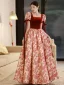 Elegant Burgundy Printing Prom Dresses 2022 A-Line / Princess Square Neckline Puffy Short Sleeve Backless Floor-Length / Long Formal Dresses