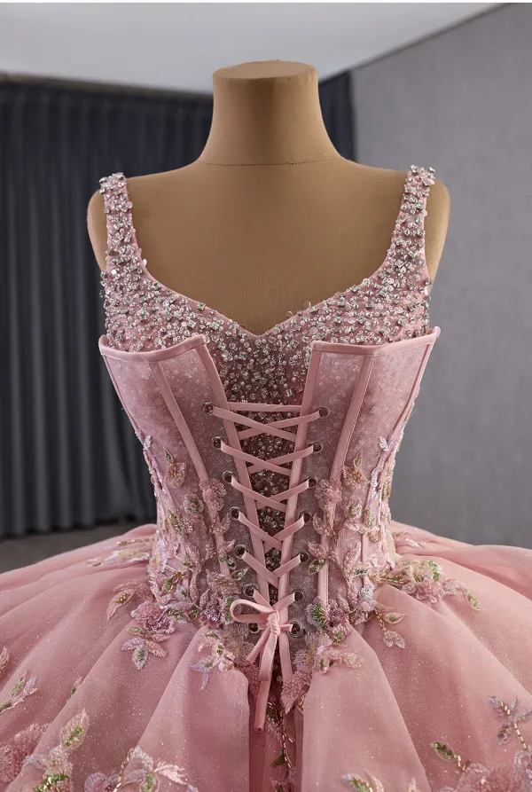 Luxury / Gorgeous Candy Pink Handmade  Beading Lace Flower Appliques Pearl Sequins Corset Prom Dresses 2025 Ball Gown V-Neck Sleeveless