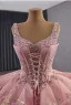Luxury / Gorgeous Candy Pink Handmade  Beading Lace Flower Appliques Pearl Sequins Corset Prom Dresses 2025 Ball Gown V-Neck Sleeveless