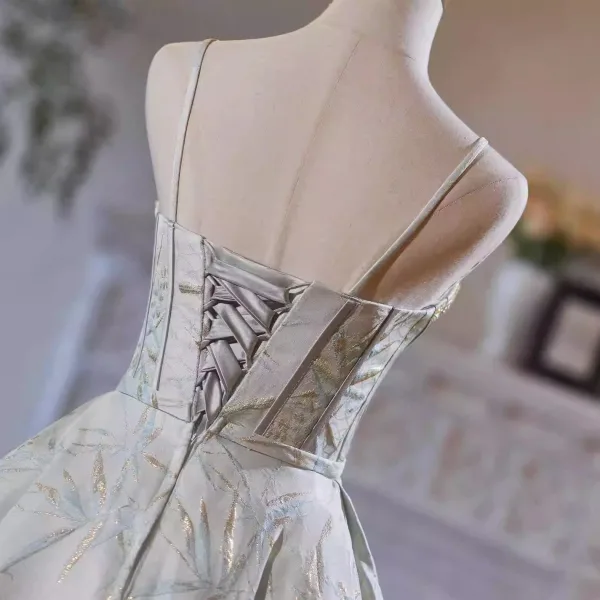 Chinese style Sage Green Beading Lace Flower Short Satin Homecoming Graduation Dresses 2024 A-Line / Princess Spaghetti Straps Sleeveless Backless Formal Dresses