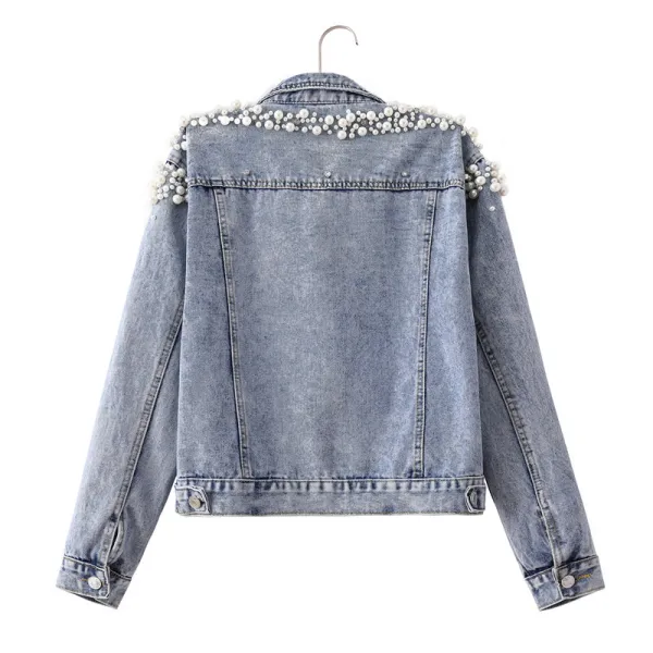 Women Beading Rhinestone Pearl Denim Sky Blue Coats & Jackets Cotton Loose Lapel Street Wear Fall Winter Long Sleeve Tops