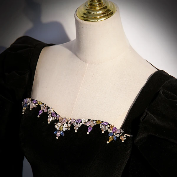 Elegant Black Fall Winter Suede Prom Dresses 2023 A-Line / Princess Strapless Rhinestone Long Sleeve Backless Floor-Length / Long Prom Formal Dresses