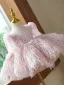Chic / Beautiful Blushing Pink Beading Tassel Short Birthday Flower Girl Dresses 2023 Ball Gown Square Neckline Short Sleeve Flower Girl Dresses